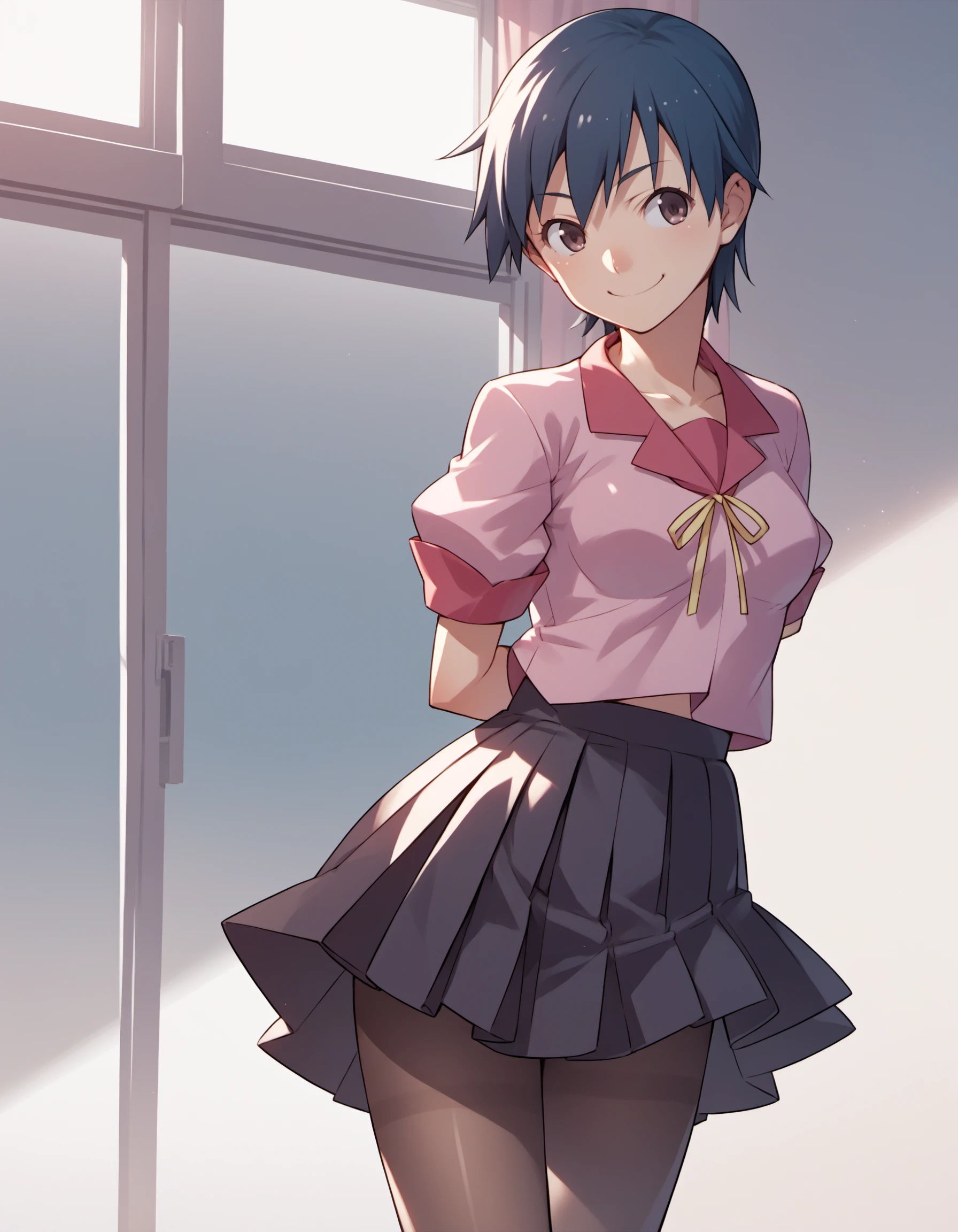 score_9, score_8_up, score_7_up, score_6_up, score_5_up, score_4_up, source_anime, BREAK
KanbaruSuruga, 1girl, solo, school uniform, pantyhose, breasts, skirt, arms behind back, smile,
<lora:KanbaruSuruga_PD6XL:1>
