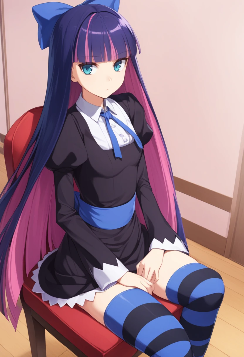solo, 1girl, psgstocking, expressionless, looking at viewer, sitting, chair, stuffed toy, hair bow, dress, long sleeves, juliet sleeves, striped thighhighs, indoors <lora:psg_stocking_xl:1>