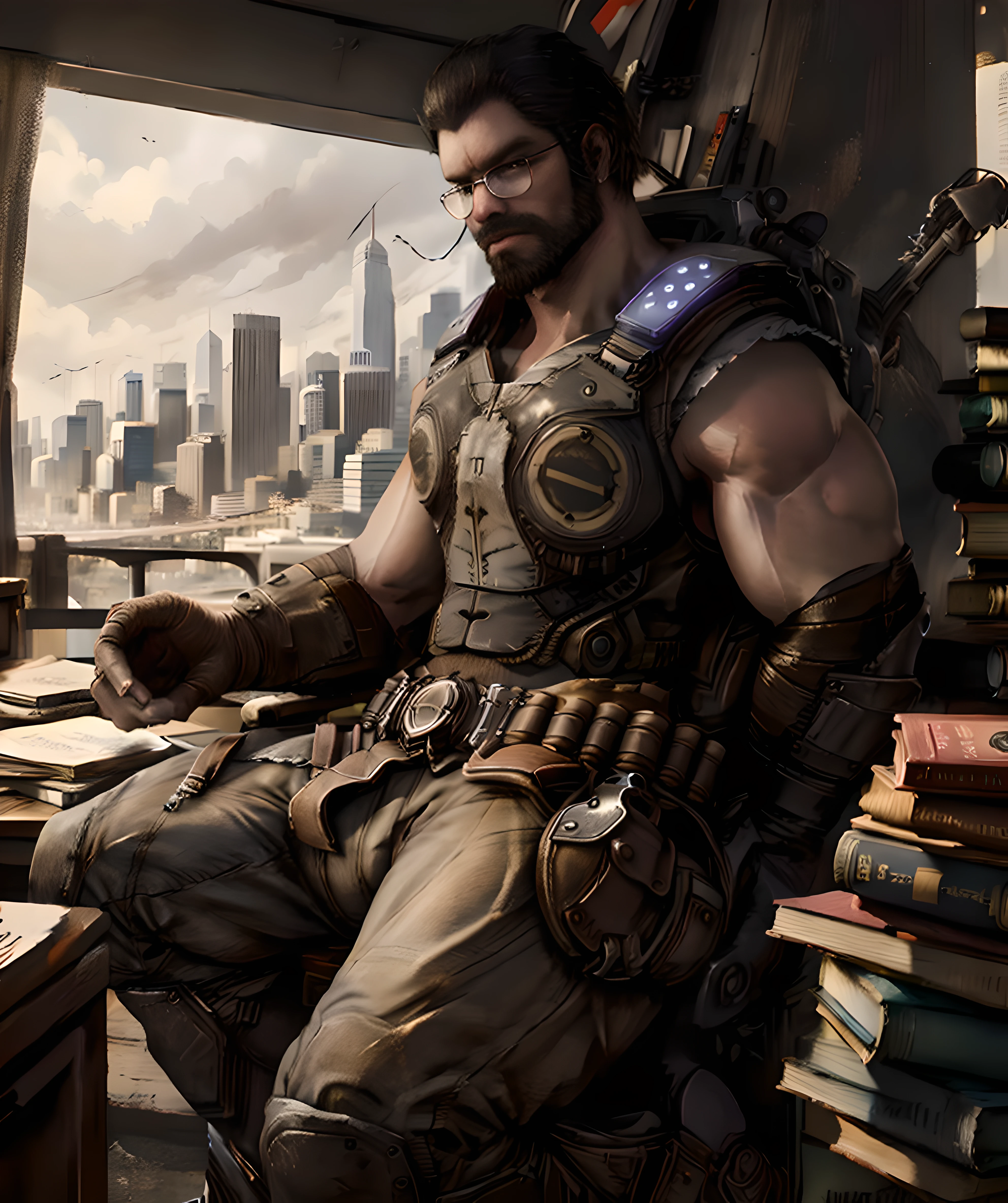 ((best quality, masterpiece)), full_beard_dom_santiago, sitting behind desk, skyline city background, armor, glasses, books, long pants <lora:Full_Beard_Dom_Santiago-15:0.85>
