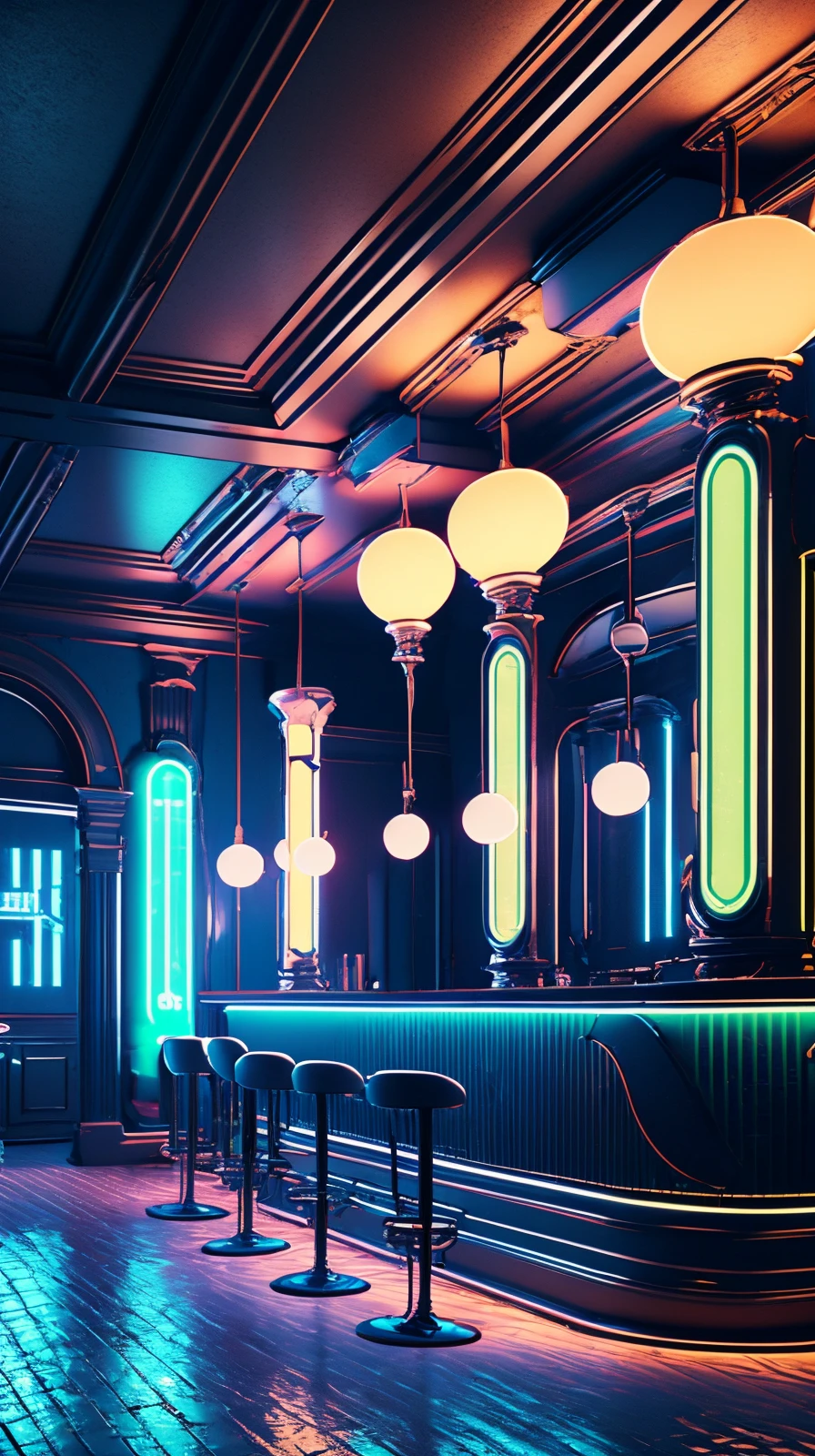 masterpiece, high detailed, high quality, empty modern club scene, bar, neon lights, <lora:ToonClub:1>