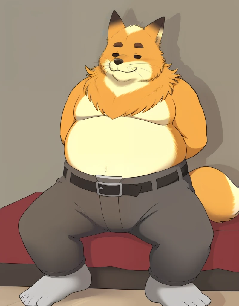 (((detailed eyes, detailed face))), (furry, tetsuya <lora:character_tetsuya_findigo_v1:0.9>, two-tone fur, blonde hair, fox, old man, closed eyes), male, (solo), (plump, fat, chubby, overweight), (brown pants, belt, topless), sitting, (arms behind back), smile BREAK (konzaburou, ukan_muri, cute), bedroom, (flat shading, flat color, high brightness), 8k, UHD, masterpiece, (full body)