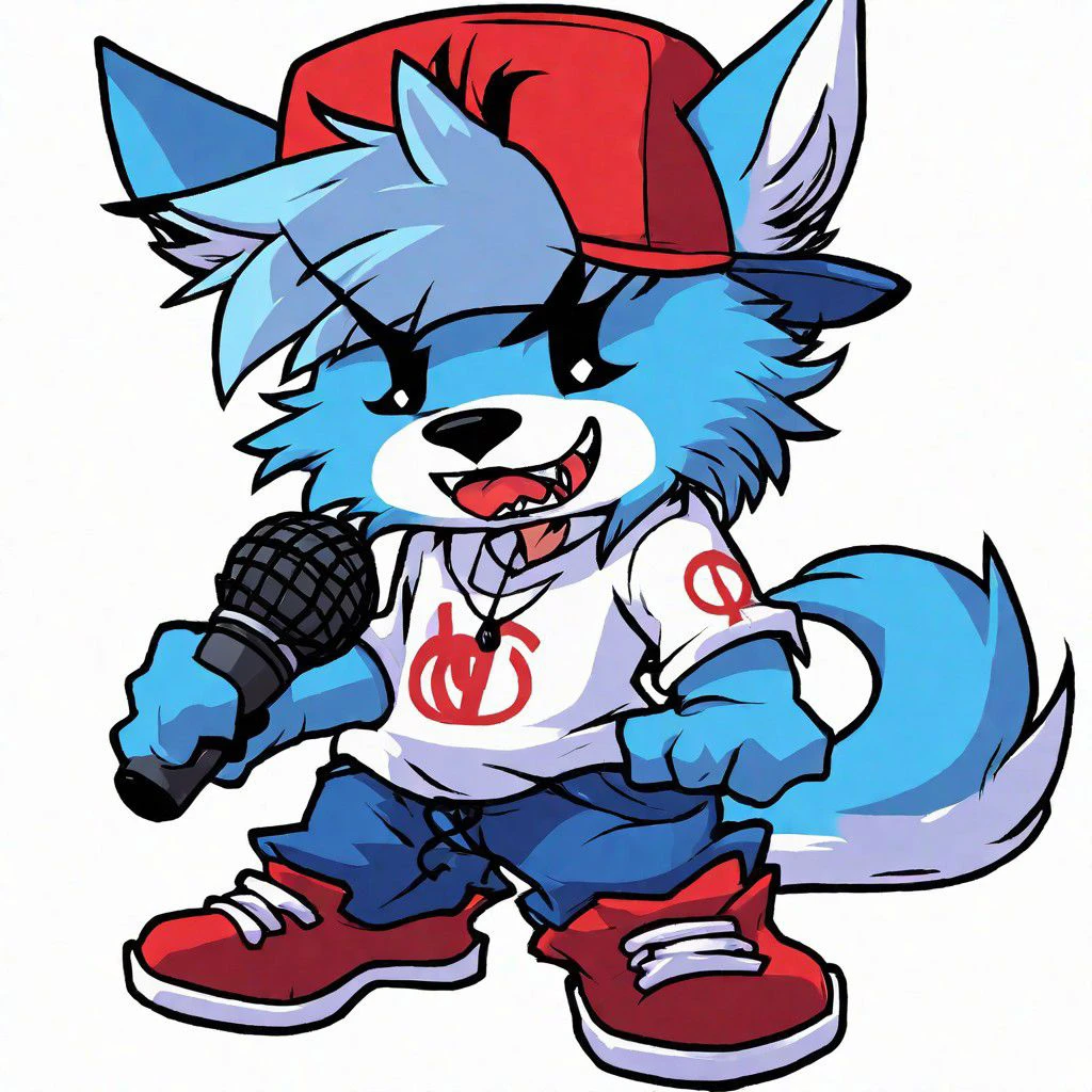 1boy, cartoon, wolf ears, red hat, baseball cap, backwards hat, white shirt,  red cancel logo on shirt, blue fur, wolf boy, wolf tail, ripped cloths, baggy pants, big shoes, claws, mic, holding mic, black eyes, fangs, chibi, v-shaped eyebrows, singing