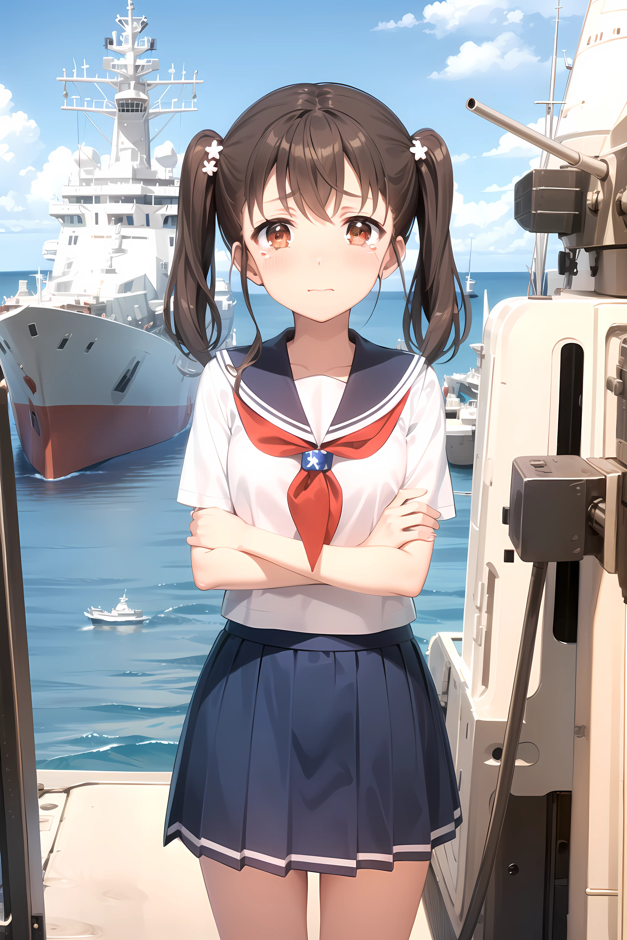 best quality, masterpiece, detailed,
<lora:HighSchoolFleet_ShiretokoRin:0.9>, ShiretokoRin,
1girl, tearing up, tears,
brown hair, brown eyes, long hair, twintails, hair ornament,
serafuku, sailor collar, blue skirt, red neckerchief,
standing, looking at viewer, facing viewer, arms at sides,
ocean, (ship, military vehicle:1.2)