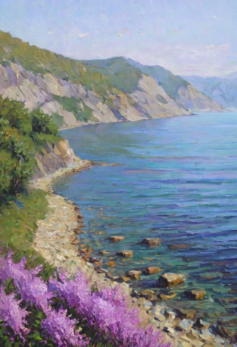 landscape, sea, rocky shores overgrown with lilac bushes