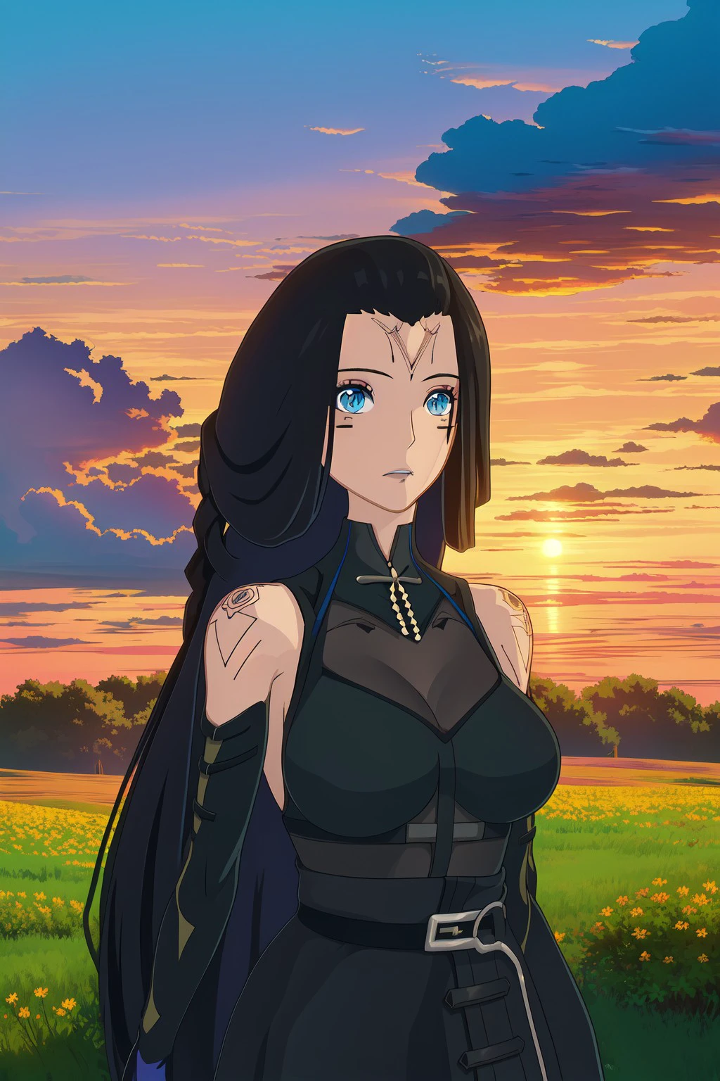 <lora:AnimeVibesV3:1.0> <lora:nan_yin:0.85> masterpiece, best quality, absurdres, high quality, best quality, ultra high res, 1girl, solo, nan yin \(tower of fantasy\), black hair, blue eyes, v-shaped eyes, (absurdly long hair:1.2), long hair, large breasts, black dress, long dress, detached sleeves, bare shoulders, facial mark, facial tattoo, shoulder tattoo, tattoo, upper body, anime vibes, nature, wind, floating hair,