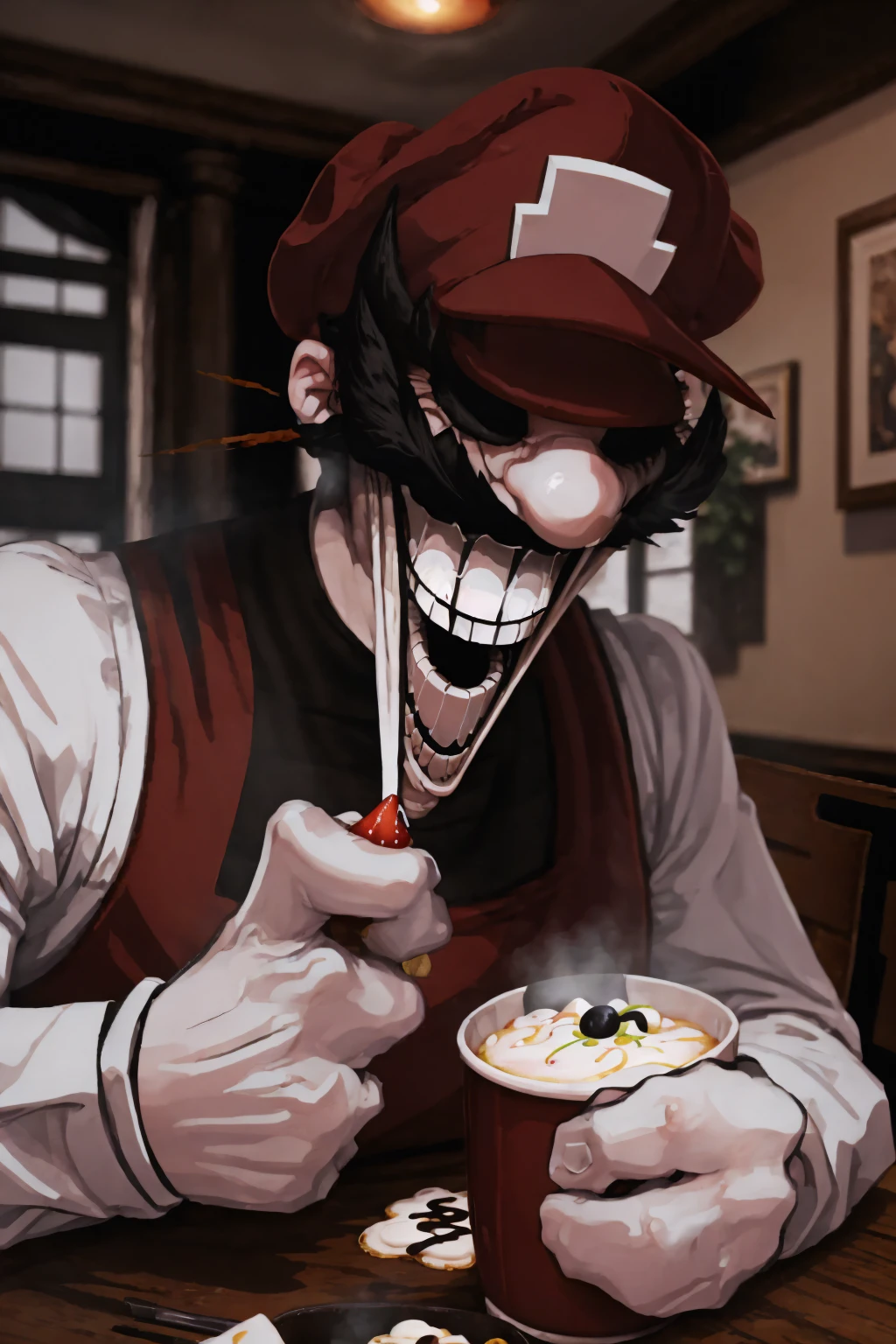 High Quality, Masterpiece, MX, <lora:MX:1.3>, red headwear, grin, 1boy, white gloves, dark, mustache, no eyes, horror \(theme\), dark background, indoors, giant, food, simple background, elbows on table, cup, blurry background, indoors, upper body, <lora:Pos_AcrossTable:1>, looking at viewer,