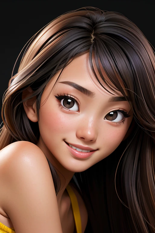 RAW photo of woman, (headshot:1.1) portrait on a black plain background, (smile, happy:1.1), sharp focus, best quality, extremely detailed). BREAK suz1-001, black hair, brown eyes. fcHeatPortrait