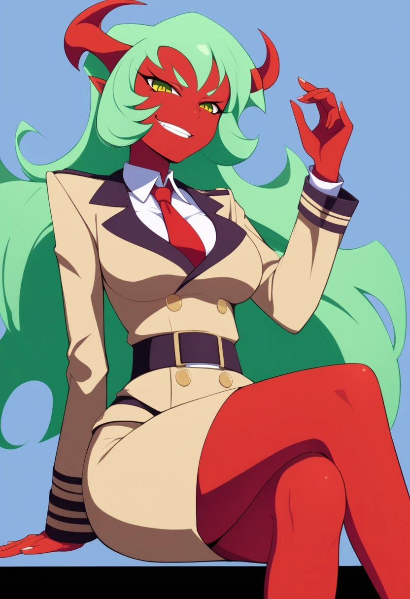 solo, 1girl, psgscanty, red skin, evil smile, looking at viewer, sitting, crossed legs, horns, jacket, red necktie, skirt <lora:psg_scanty_xl:1>
