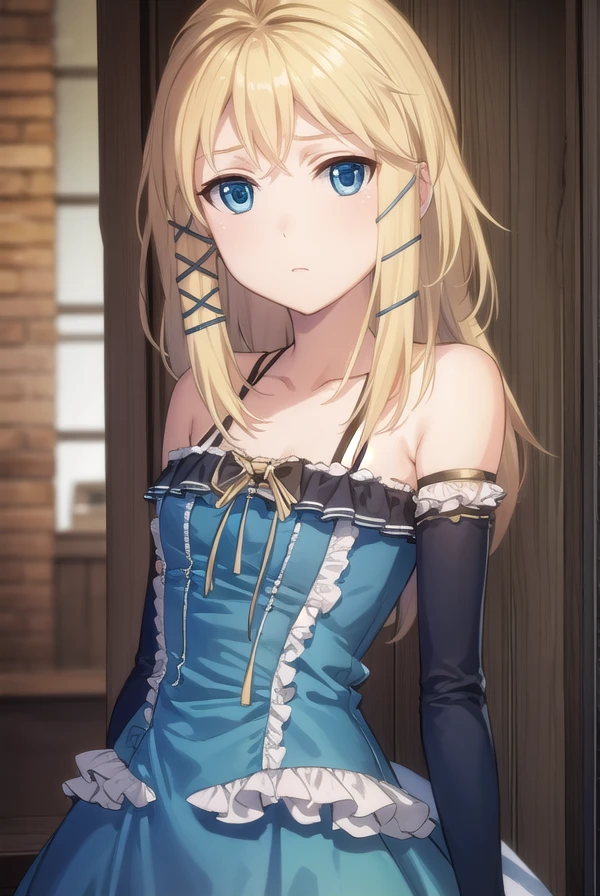 tinasprout, <lora:tina sprout s1-lora-nochekaiser:1>,
tina sprout, long hair, blonde hair, hair ornament, blue eyes,
BREAK gloves, dress, bare shoulders, frills, black gloves, elbow gloves, blue dress, frilled dress,
BREAK indoors,
BREAK looking at viewer, (cowboy shot:1.5),
BREAK <lyco:GoodHands-beta2:1>, (masterpiece:1.2), best quality, high resolution, unity 8k wallpaper, (illustration:0.8), (beautiful detailed eyes:1.6), extremely detailed face, perfect lighting, extremely detailed CG, (perfect hands, perfect anatomy),