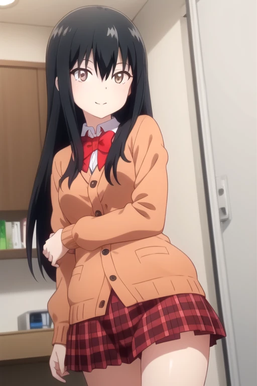 ((masterpiece)),(best quality),official art,extremely detailed CG,unity 8k wallpaper,ultra detailed,beautiful detailed eyes,extremely detailed face,indoors,1girl,solo,cowboy shot,looking at viewer,facing viewer,smile,long hair,black hair,sidelocks,hair between eyes,brown eyes,orange cardigan,red bowtie,collared shirt,white shirt,medium breasts,red skirt,plaid skirt,pleated skirt,black socks,loafers,<lora:Machiko(gdp)>,