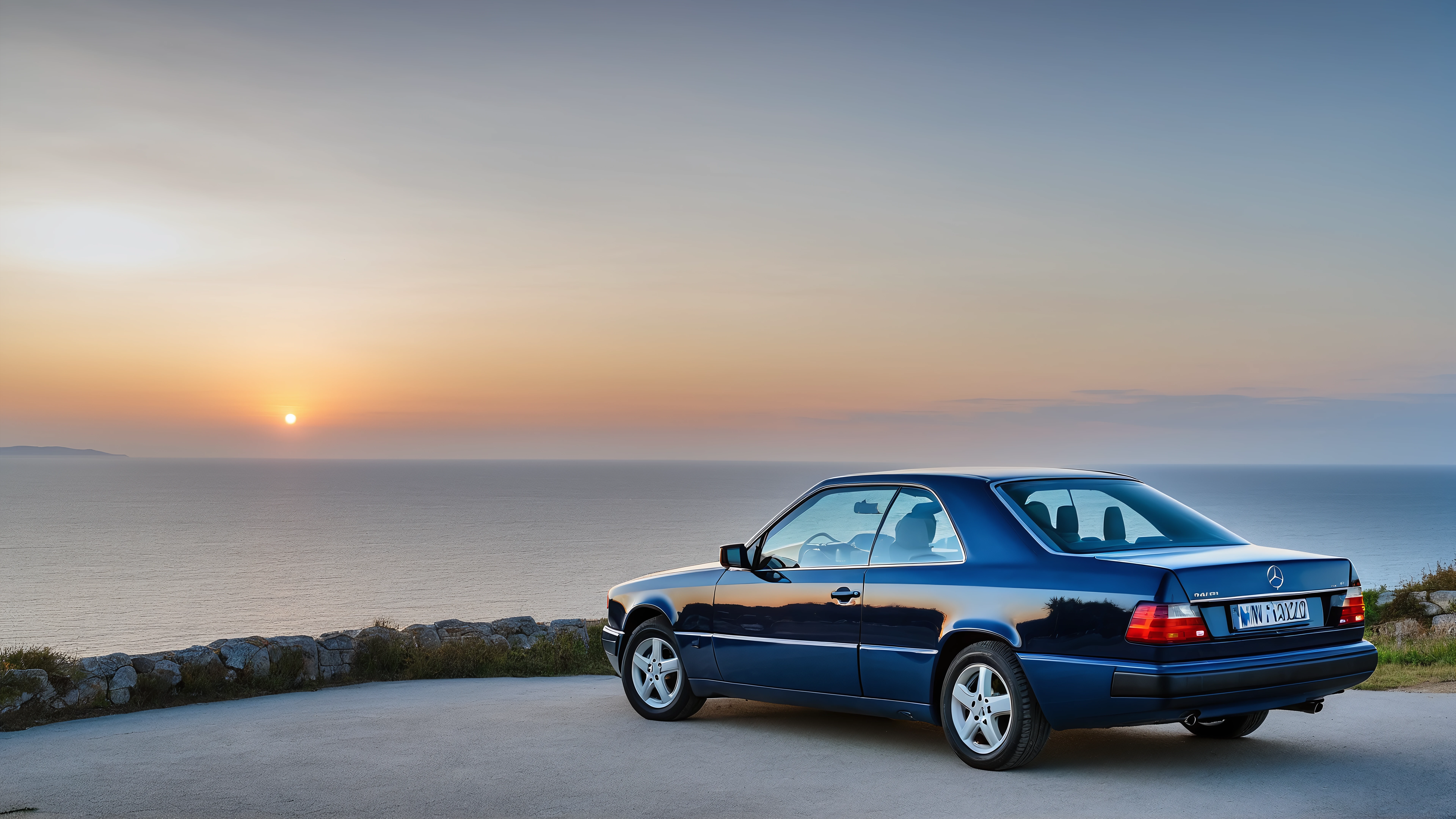 a photo of a dark blue w124 car, parking lot on a cliff, sea in background, soft lighting, sunset