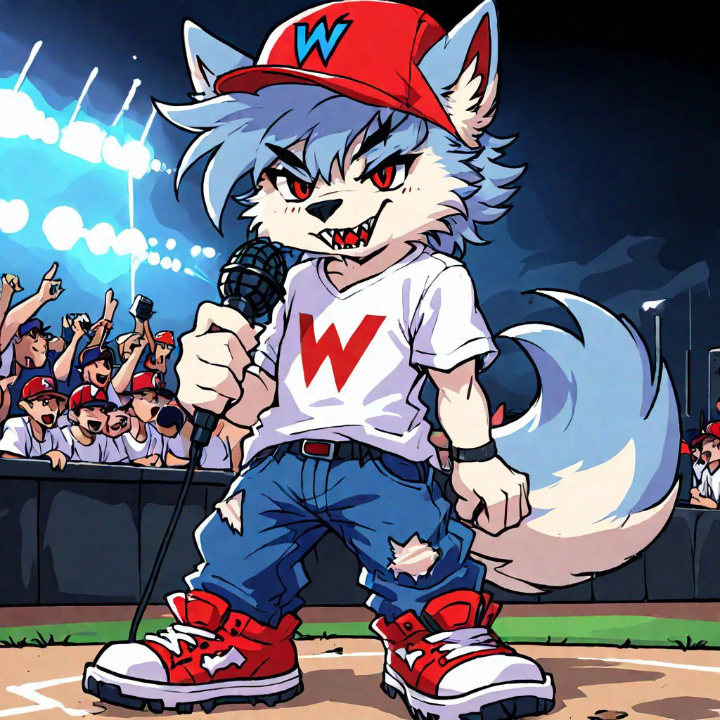 1boy, cartoon, wolf ears, red hat, baseball cap, backwards hat, white shirt,  red cancel logo on shirt, blue fur, wolf boy, wolf tail, ripped cloths, baggy pants, big shoes, claws, mic, holding mic, black eyes, fangs, chibi, v-shaped eyebrows, singing