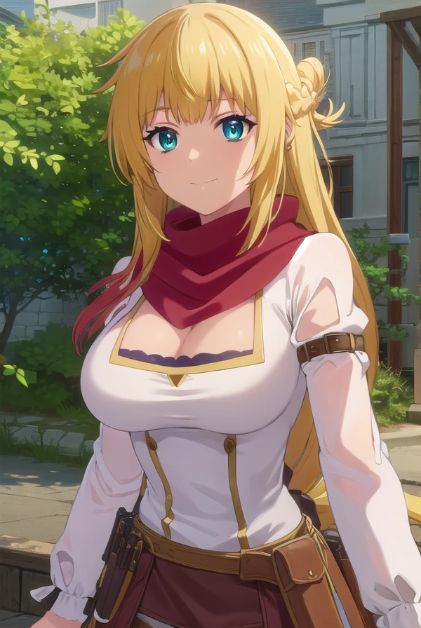 masterpiece, (best quality), 1woman,1girl ,Rit_BFTHP, blonde hair , blue eyes,long hair,young woman ,french braid , best quality ,red scarf,(white shirt) ,long sleeves ,cleavage ,blush , puffy sleeves , white skirt, vibrant colors ,natural lighting ,blush RTX, large breasts , smile,beautiful, (detailed face:1.2), showcase, (photorealistic:1.0), 8k uhd, looking a viewer, outdoors, park, , simple backround, (perfect eyes:1.2), (detailed eyes:1.1), full body