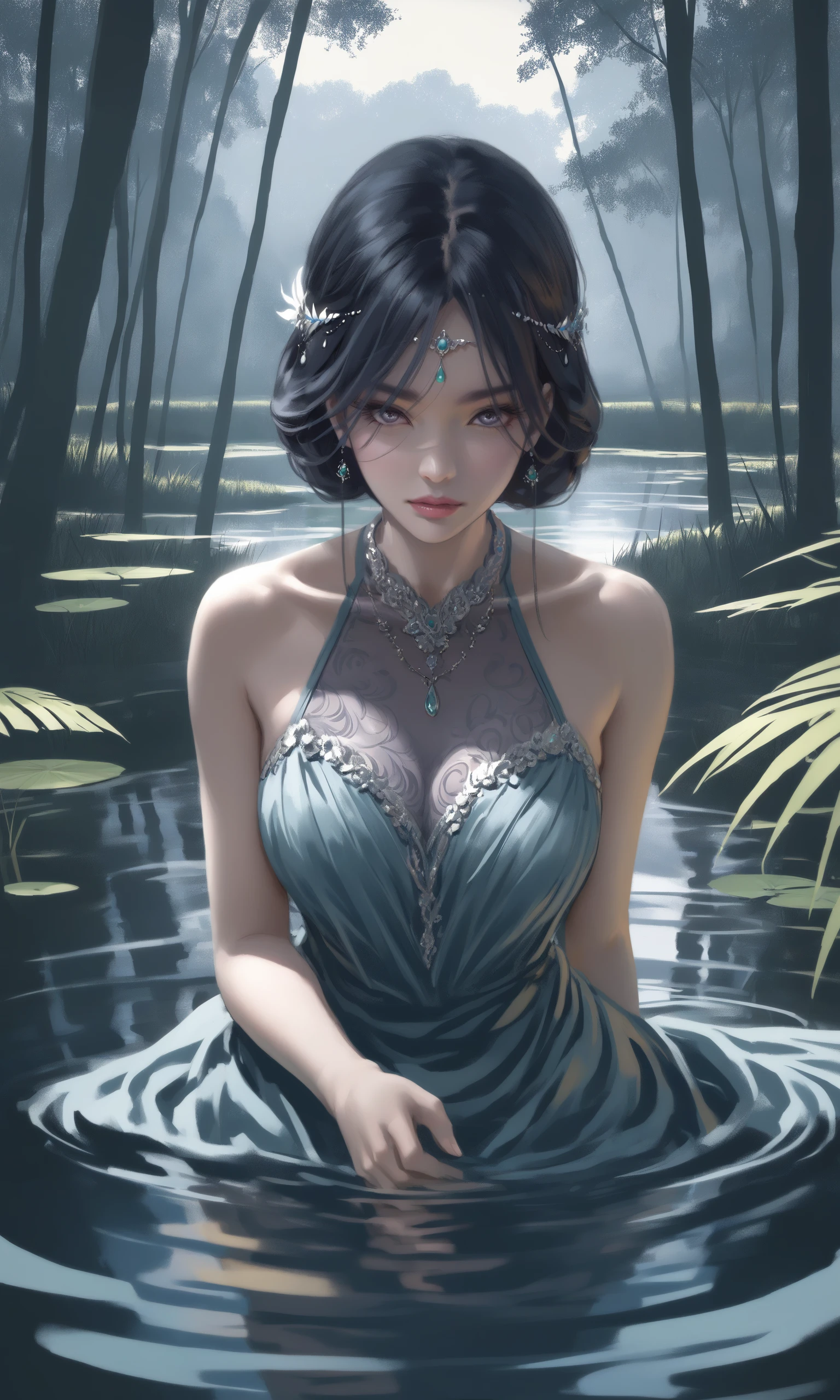Realistic,chinese girls,big chest,Jungle,pond,partially submerged in water,cool colors,bright,cinematic,highly detailed,very intricate,stunning,light shining deep clear focus,extremely fine detail,real,emotional,beautiful,delicate,sharp,artistic,elegant,calm epic,singular color,coherent,complex,amazing composition,ambient,shiny,vibrant,imposing,(nsfw:0.8),