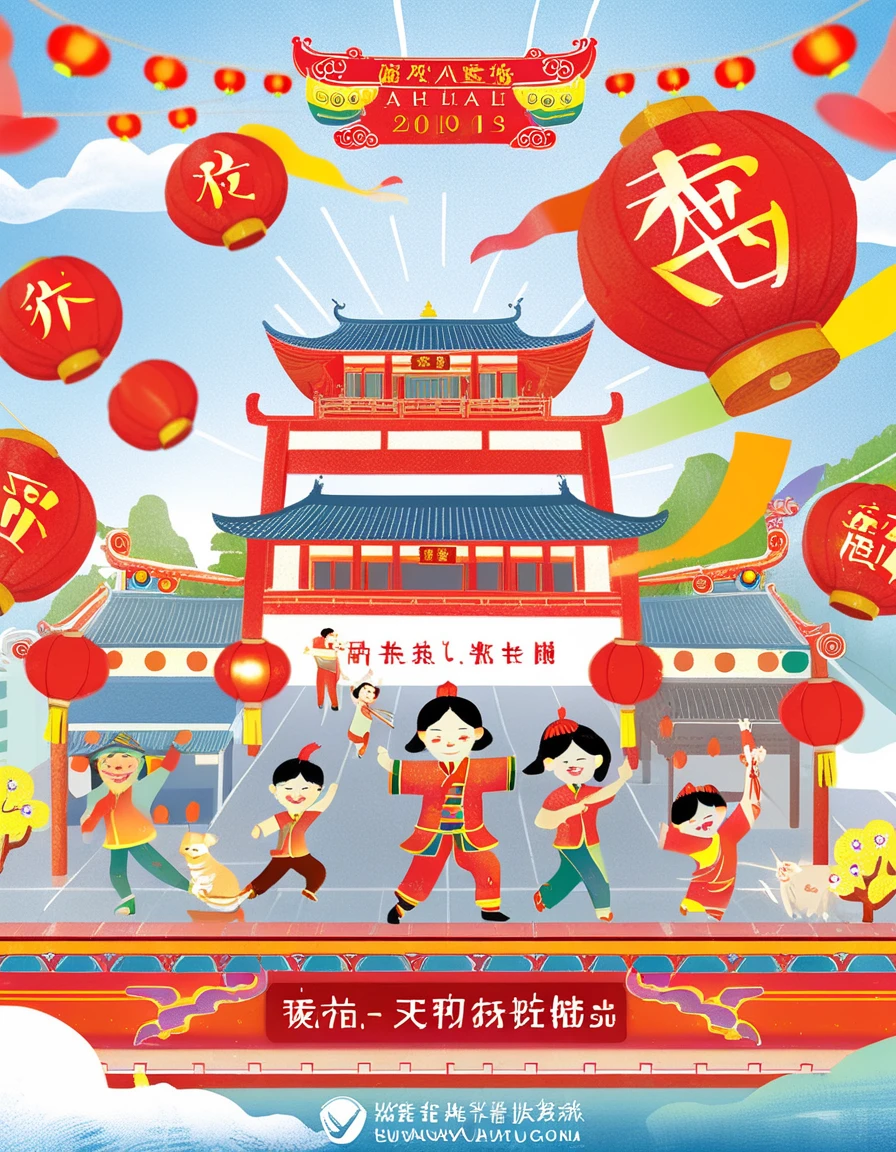 Create a digital painting style promotional poster capturing the joyous celebration of a festival in a Chinese city. The image should burst with vibrant colors, showcasing lively streets adorned with red lanterns and streamers. Include smiling faces of diverse participants, traditional dancers in elaborate costumes, and stalls overflowing with festive goods and delicacies. The backdrop features iconic architecture, with temples and pagodas under a clear, festive sky. The text, prominently displayed, invites viewers to join the festivities, highlighting the event's date and location in an elegant, stylized font that complements the joyful atmosphere of the poster, <lora:poster2-000040:0.6>