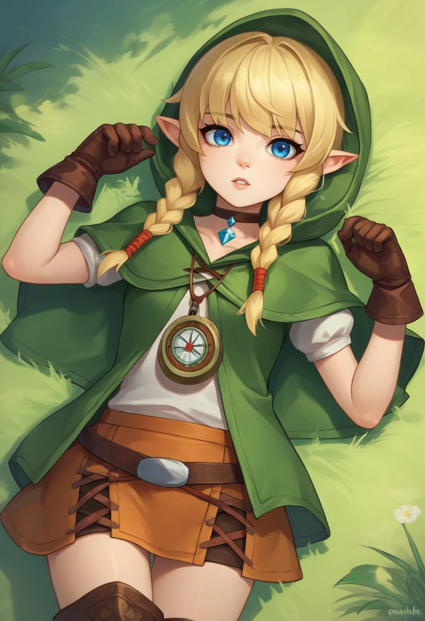 score_9, score_8_up, score_7_up, source_anime, rating_safe, from above, solo, 1girl, linkle, parted lips, looking at viewer, lying, on back, twin braids, green capelet, hood, leather gloves, skirt, thigh boots, choker, belt, outdoors, grass <lora:hyrulewarriors_linkle_ponyXL:1>
