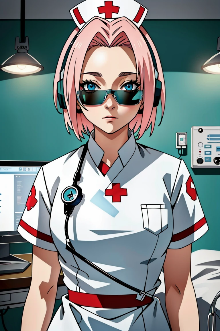 ((masterpiece, best quality,lower_body)), operating table,medical monitors,hospital bed,   <lora:cybr_nrs_v1.0-000006:0.8> (cyber_nrs,, 1girl, short sleeves, headphones, nurse cap, nurse, name tag, tinted eyewear, stethoscope,cybernetic, futuristic), (blonde hair, blue eyes,short hair,1girl,solo), <lora:Sakura:0.7> (1girl, pink_hair, green_eyes, short hair, blush, haruno sakura),