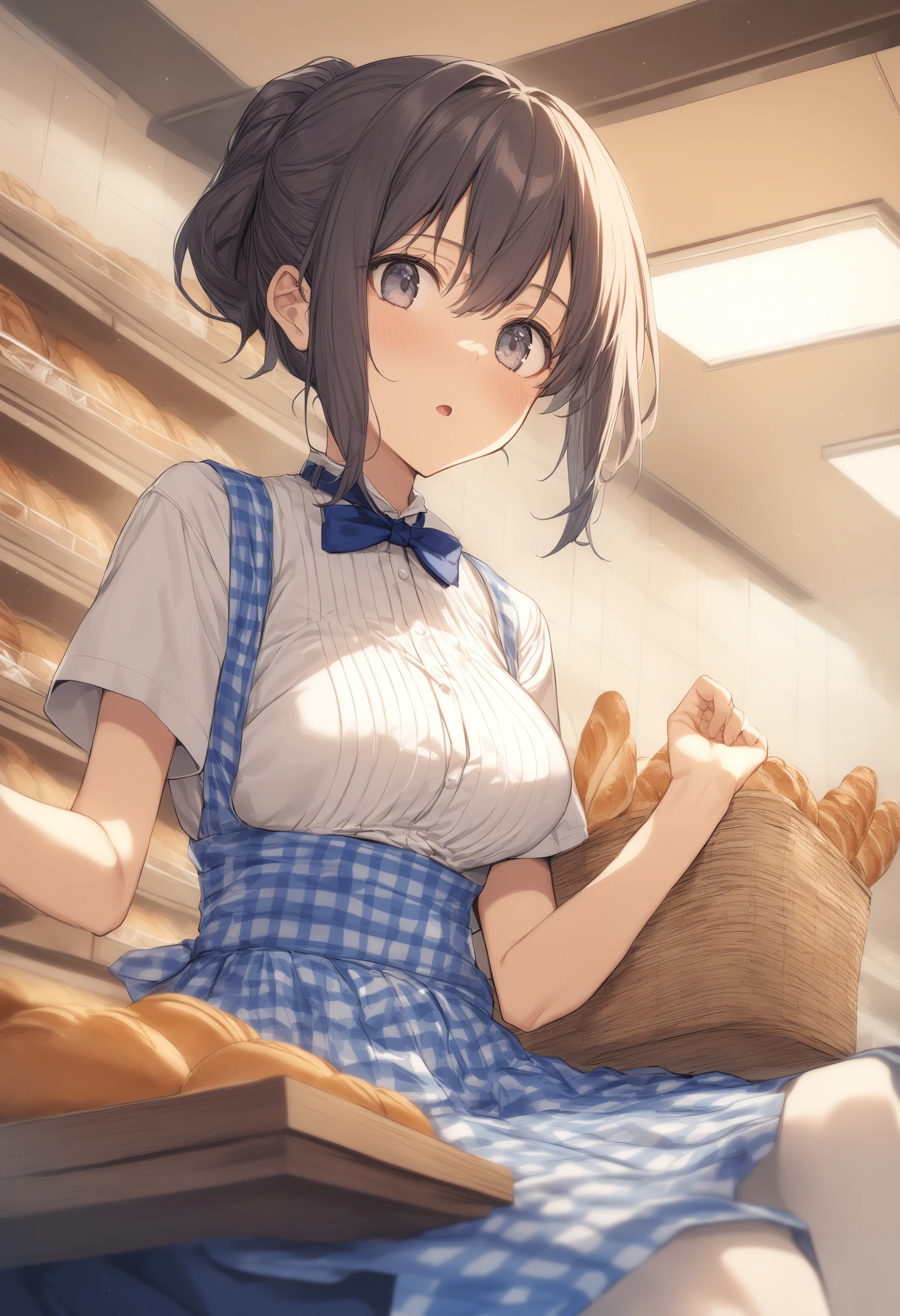 1girl, <lora:sdxl2-flat2-512b:-1>,medium breasts,
<lora:kobeyaXLv1:0.8>,kobeya uniform,blue skirt, blue neckwear, gingham apron, Bakery,
ceiling, cinematic angle, looking away, expressionless, open mouth,
best quality,medium quality,