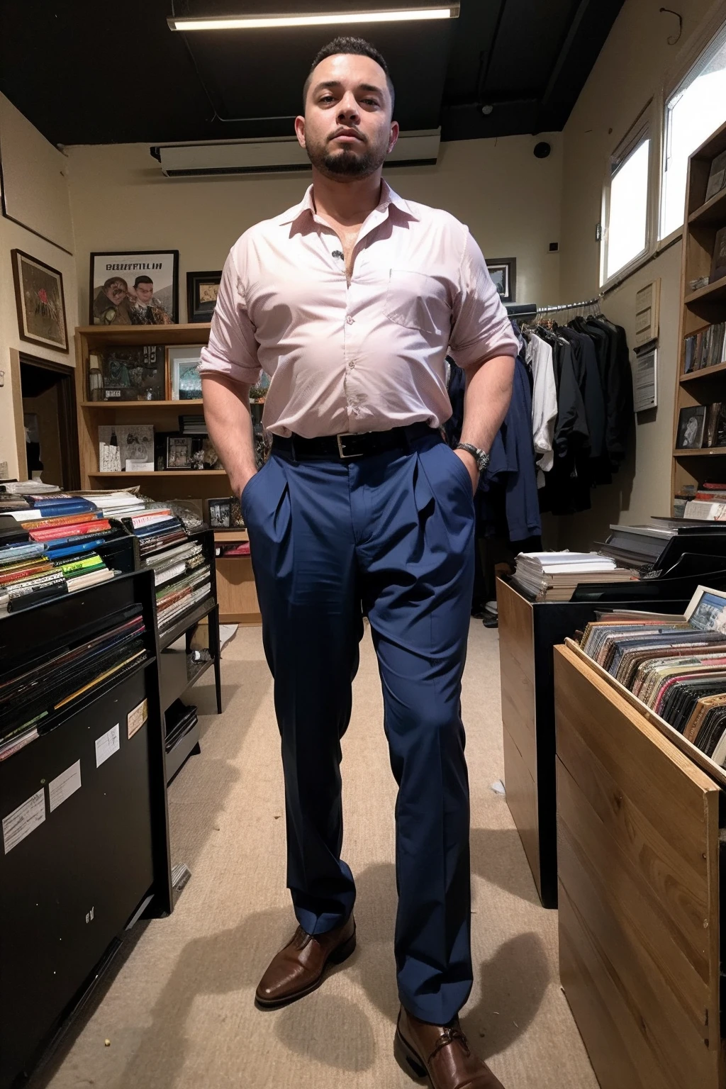 a man wearing Satin shirt and pleated trousers , vintage record store <lora:fic-david5:1>