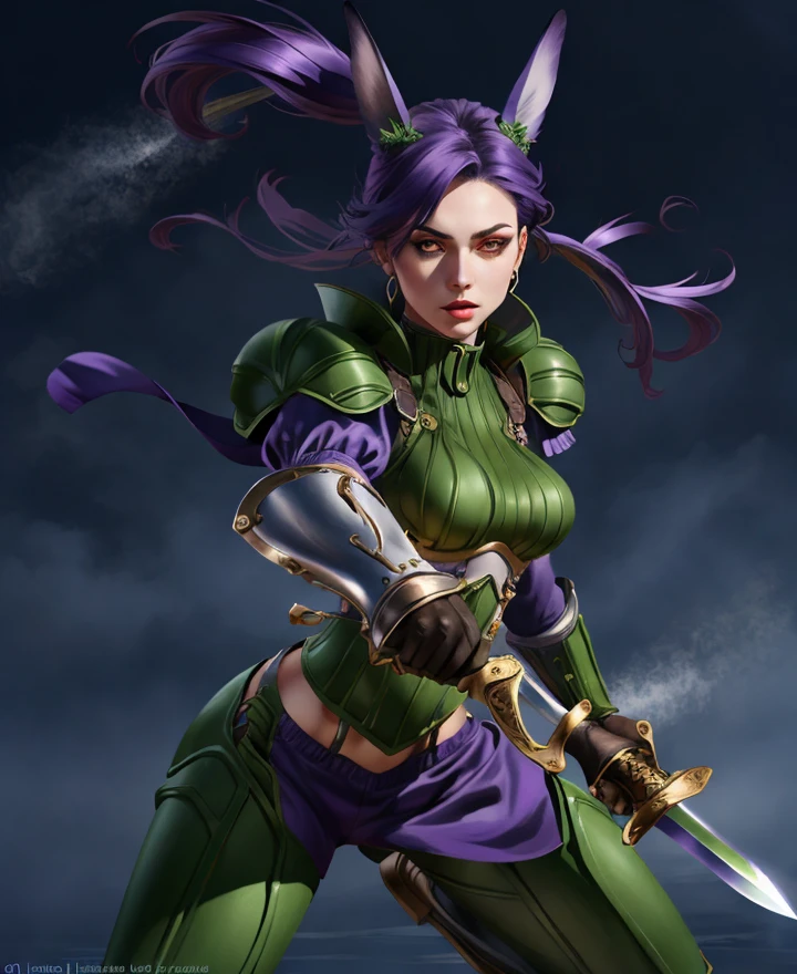 miadothack, female, detailed face, detailed background, armor, looking at viewer, action pose, sword,  by lizet <lora:Miadothack021-200-Polyfur:1>