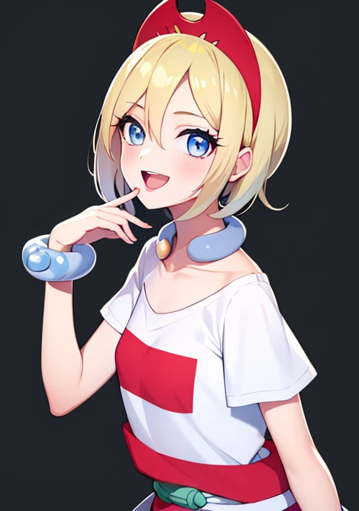 <lora:Irida:0.6>, irida, 1girl, solo, looking at viewer, blush, smile, short hair, open mouth, bangs, blue eyes, blonde hair, hair between eyes, jewelry, collarbone, :d, hairband, tongue, hand up, collar, bracelet, sash, eyelashes, strapless,red headwear, white shorts, red hairband, neck ring, white shirt, short sleeves, sidelocks, hairclip, shiny, from side, grey eyes, eyelashes, t-shirt, print shirt