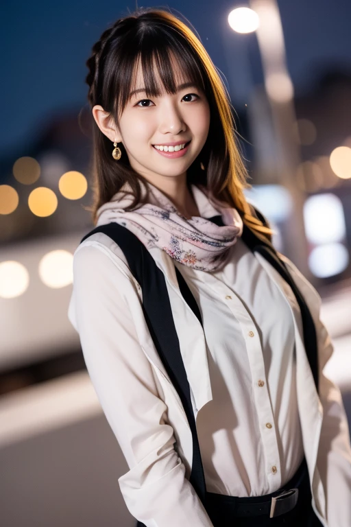 1girl,(RAW photo, best quality), (realistic, photo-realistic:1.4), masterpiece, an extremely delicate and beautiful, extremely detailed, 2k wallpaper, Amazing, finely detail, extremely detailed CG unity 8k wallpaper, ultra-detailed, highres, soft light, beautiful detailed girl, extremely detailed eyes and face, beautiful detailed nose, beautiful detailed eyes,cinematic lighting,perfect anatomy,slender body,smiling
city lights at night,at a train station in tokyo,(bokeh)
wearing business suit,scarf around neck
<lora:koshimizuami_lora:0.8>