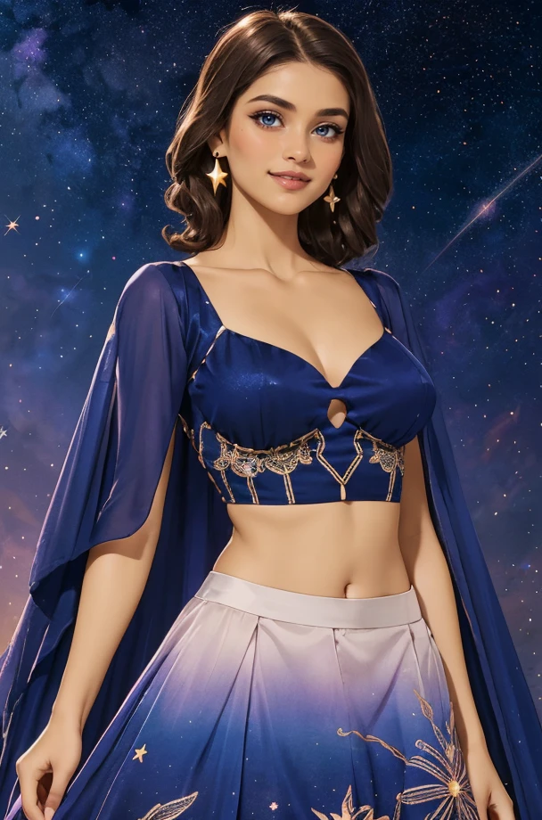 portrait photo, adult woman, (brown hair:1.3) smile, sexy, l3h3ng4_1, Lilac and navy blue ombre effect attached cancan lehenga with floral embroidery using sequins, padded cape sleeve blouse <lora:l3h3ng4_1-13:0.6>, (nighttime, under a starry sky background:1.3)