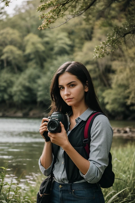 ((best quality)),((masterpiece)),((realistic)),portrait of Mia,the Nature Whisperer Photographer,(holding camera:1.2),(serene expression and nature photography expertise in her eyes:1.2),[mysterious gray eyes],[nature photographer attire with a backpack and a high-quality camera],(capturing the beauty of landscapes and wildlife in their natural habitat:1.3),[serene natural backdrop with scenic vistas and diverse wildlife],(capturing the tranquility and connection of Mia, the nature whisperer photographer:1.2),[photography realism],(8k resolution:1.2),