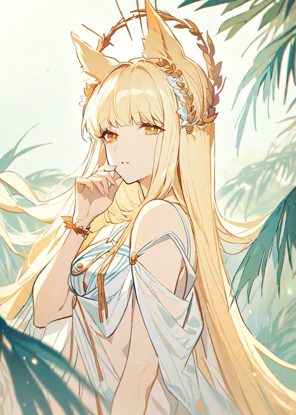 The image showcases an animated character with long, blonde hair. The character has animal-like ears, and she is wearing a delicate headpiece with golden elements. Her hair is adorned with a fringe that flows down past her shoulders. The character's eyes are glowing with an orange hue. She is seen holding her face close to her hand, possibly in a contemplative or serene pose. The background features a lush, green backdrop with large, leafy plants, suggesting a serene outdoor setting. The overall tone of the image is ethereal and dreamy, with a high resolution that captures intricate details. The character's attire is a soft, light blue, and she is wearing a bracelet on her wrist.<lora:platinum:1>,, masterpiece, best quality,
