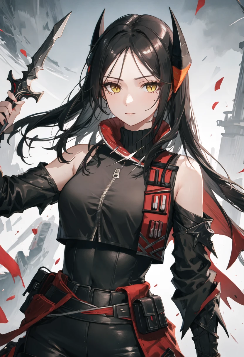 best quality, masterpiece, highres, solo, {ines_arknights:1.15}, black_hair, long_hair, yellow_eyes, horns, bangs, breasts, closed_mouth, upper_body, large_breasts, parted_bangs, 1girl, holding, holding_weapon, weapon, looking_at_viewer, sword