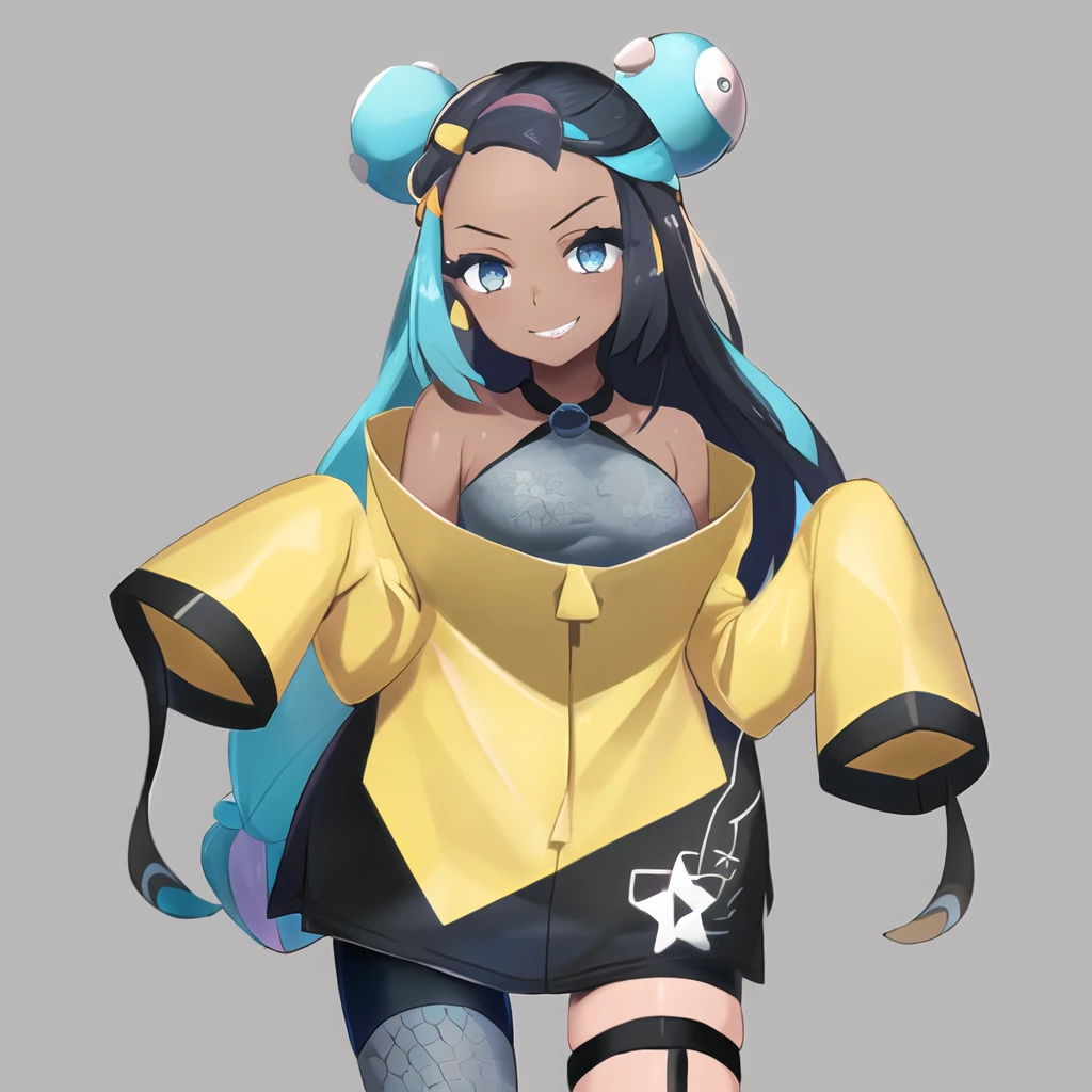 masterpiece, best quality, highly detailed, 1girl, solo, <lora:nessa pokemon by Goofy Ai:0.8> (nessa_pokemon:1.3),
dark-skinned female, dark skin, blue eyes, aqua eyes, long hair, (black hair:1.3), blue hair, aqua hair, multicolored hair, two-tone hair, hair bun, single hair bun, eyeshadow, seductive smile,
simple background, cowboy shot,
<lora:iono_outfit-10:1> (iono_outfit:1.3), (oversized clothing:1.3), jacket, yellow jacket, wide sleeves, sleeves past wrists, black shorts, grey pantyhose, boots, single leg pantyhose, thigh strap