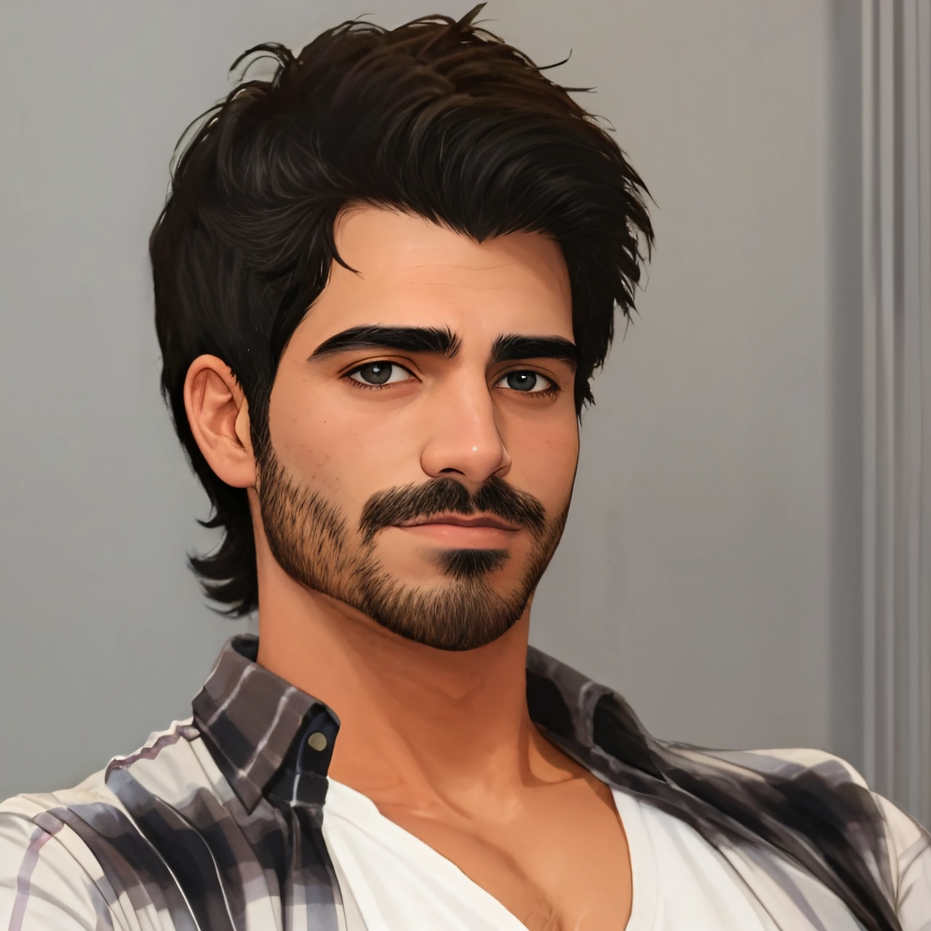 <lora:Rodrigo Gomes Simoni:0.7>, anime, drawing, 1boy, 1male, beard, black hair, facial hair, looking at viewer, male focus, mustache, open shirt, portrait, realistic, rodrigo gomes simoni, shirt, short hair, solo, upper body