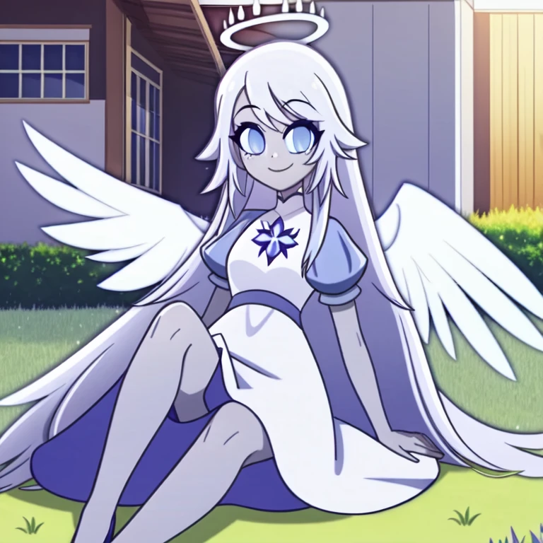 (grassy yard with house in the background:1.1), looking at viewer, a girl, (siting on grass, legs), angel, symmetrical angel wings, blue eyes, colored skin, Emily, grey skin:1.2, halo, light blue sclera, long hair, closed mouth, petite, smile, very long hair, white dress, white hair, <lora:EmilyHazbinV2:0.8>
