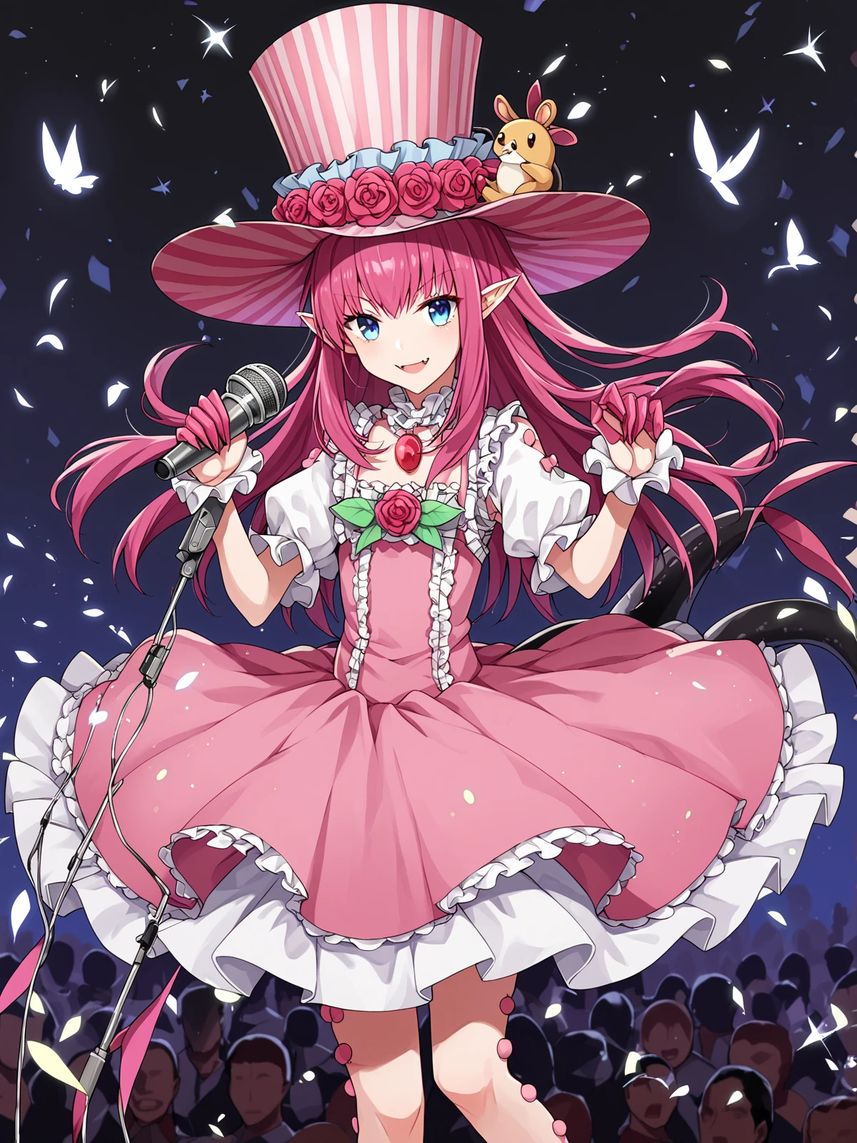 score_9, score_8_up, score_7_up, score_6_up, score_5_up, score_4_up, best quality, high quality, source_anime, rating_safe, anime screencap
BREAK
lizthird, pink hair, long hair, pointy ears, blue eyes, dragon tail, pink dress, frilled dress, pink striped top hat, hat flower, dress flower, 1girl, solo
BREAK
stage, audience, holding microphone, detailed background
<lora:dsliz_pd6:1>
