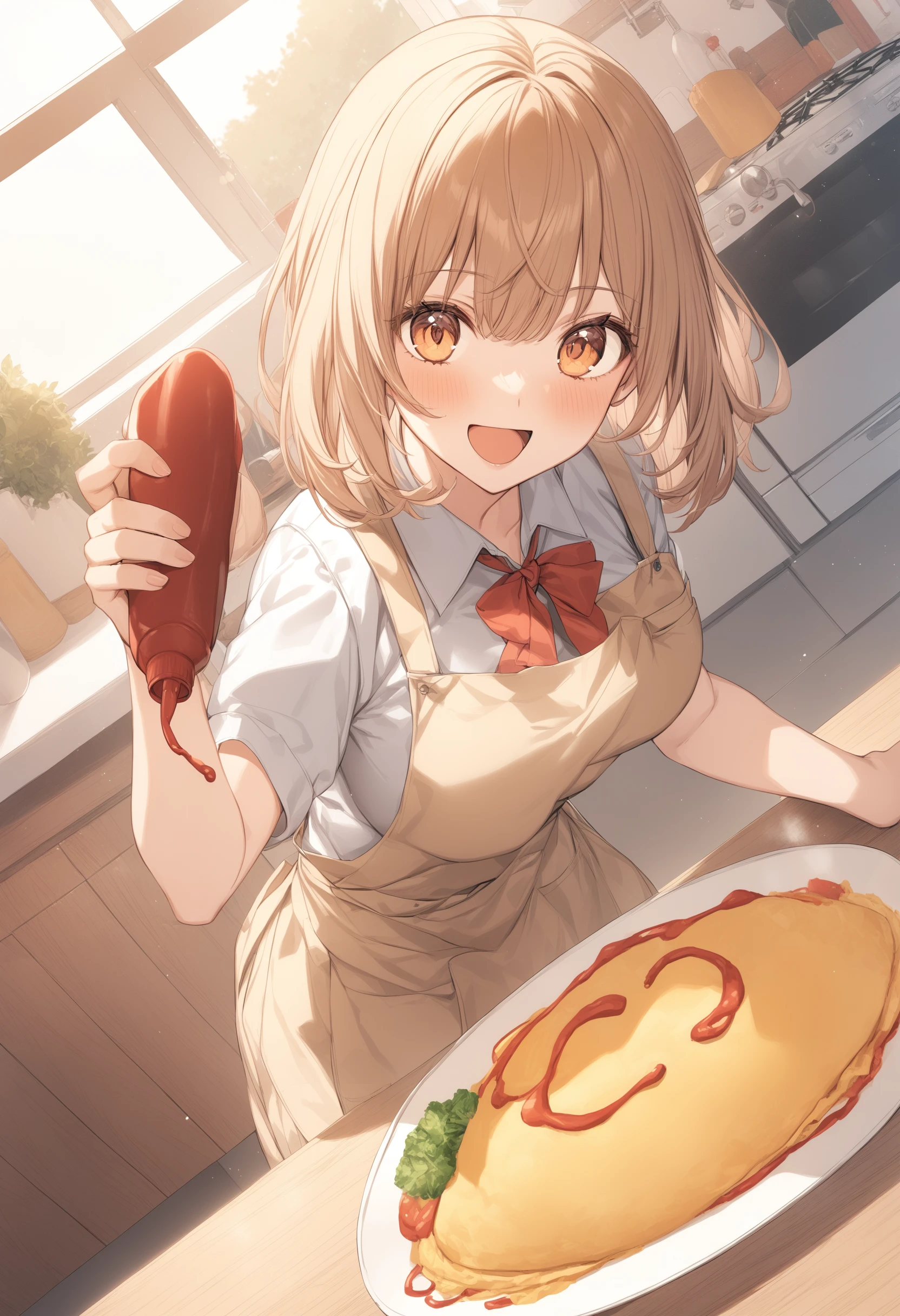 1girl, <lora:sdxl2-flat2-512b:-1>,medium breasts,
<lora:omumojiXLv1:0.8>,omumoji,
food, omurice, ketchup bottle, solo,school uniform, apron, kitchen,
dutch angle, fisheye lens, looking down, scared, open mouth,
best quality,medium quality,