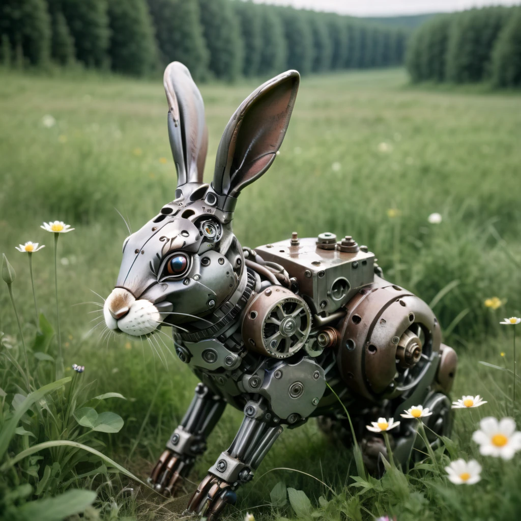 mechanarion mechanical rabbit on a meadow, cinematic, professional photo<lora:mechanarion:1>