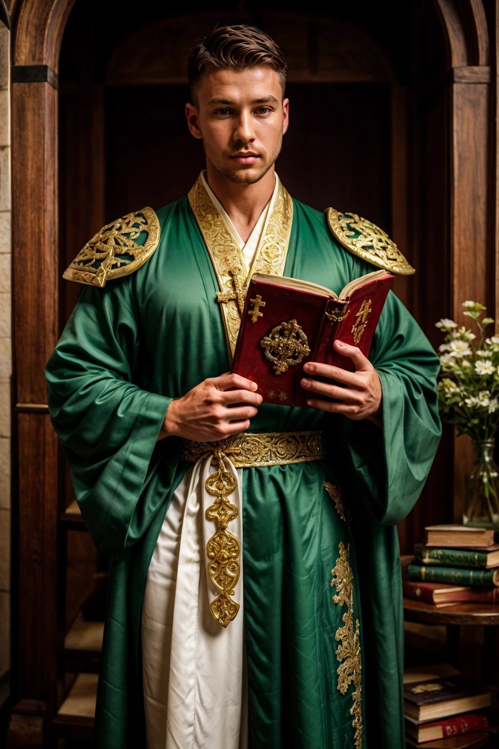 photo of a (swedish man), wearing jade (priest robe armor), (holding book), <lora:Clothing - Jade Armor:0.6>, cross, realistic, masterpiece, intricate details, detailed background, depth of field