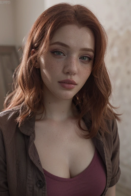 lalyumos, a woman, redhead, ((extremely detailed face)), makeup, ((freckles)), purple T-shirt,