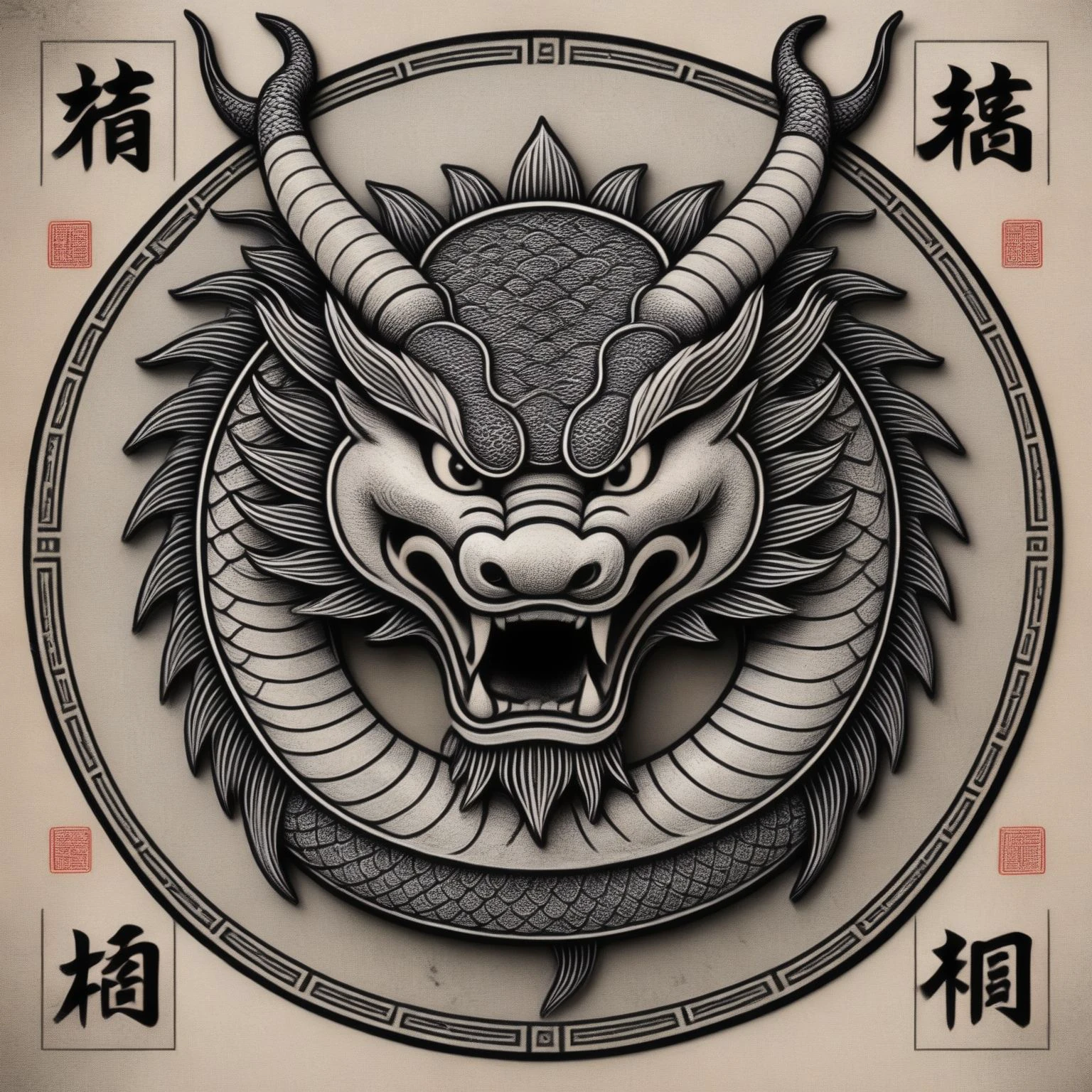 <lora:DragonVigor:1> DragonVigor, Chinese dragon, black and white, geometric patterns, circular border, intricate scales, fierce expression, open mouth, pointed horns.