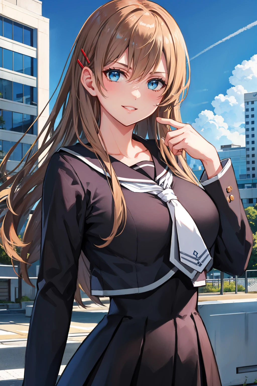 masterpiece, best quality, <lora:hiiragiasuka-nvwls-v1-000009:0.9> hiiragi asuka, hairpin, black serafuku, white necktie, black skirt, upper body, furrowed brow, smile, blue sky, clouds, cityscape