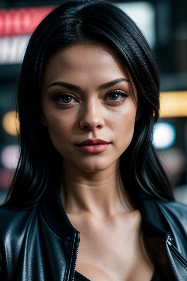photo of fit K1mberVe1ls1-145, a beautiful woman, perfect hair, (modern photo), Faux shearling-lined bomber jacket with a sporty and casual vibe, portrait, 85mm, (analog, cinematic, film grain:1.3), (Cyberpunk Market, Bustling neon-lit market with augmented individuals, futuristic gadgets, and holographic ads.), detailed eyes, seductive pose, painted lips, (epiCPhoto), (looking at viewer:1.1), jewelry, (cinematic shot:1.3), (natural lighting, lit from above), <lora:add_detail:0.5>