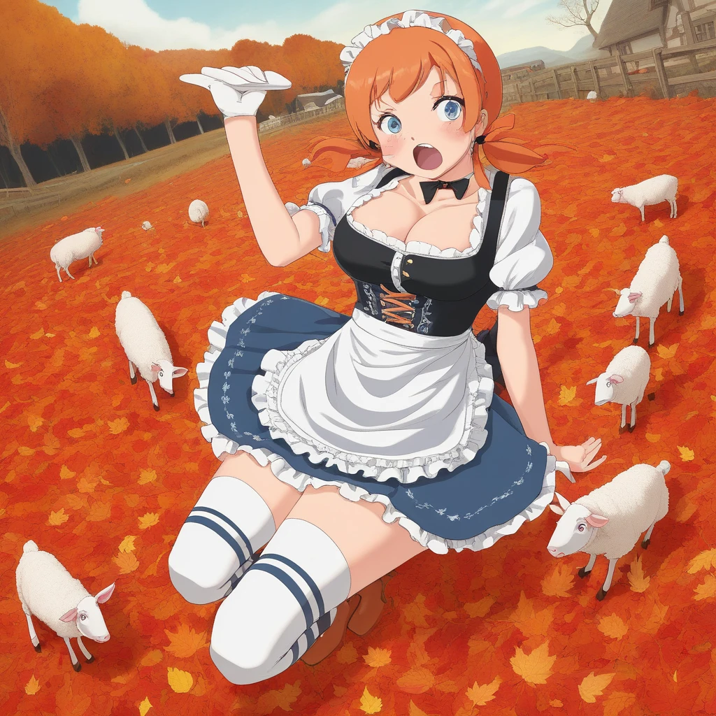 dirndl, waitress, pov hands, autumn leaves, hill, bare legs, hairband, high heels, pussy juice, pig ears, frills, maid, blue dress, licking lips, bed, sheep, bird on hand, barefoot, arm behind head, long fingernails, white socks, halloween costume, upper teeth only, bright pupils, orange hair, chicken, tareme, grey hair, gun