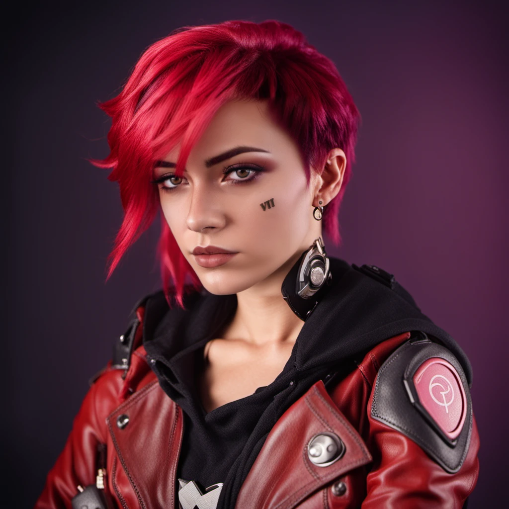 a woman with pink hair, closeup face portrait, ((((text ''VI''))), red leather jacket, cyberpunk background<lora:Vi1024:0.8>