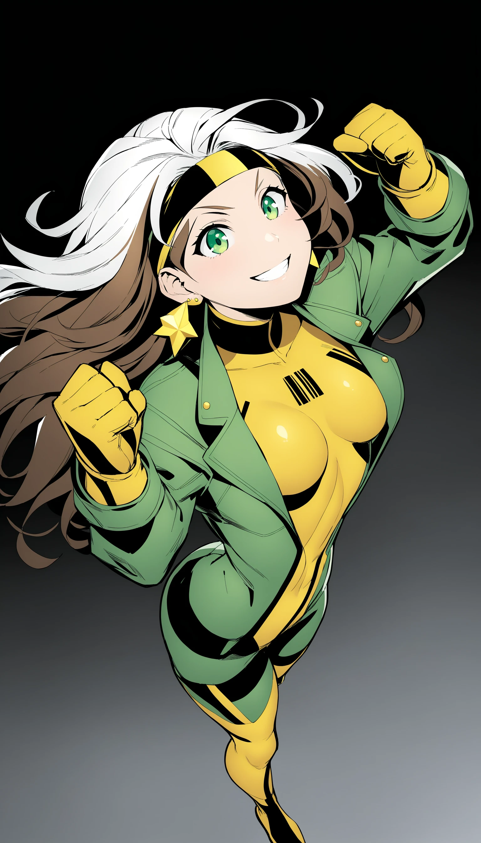 Ringo! Style, 1girl, solo, long hair, smile, brown hair, gloves, jewelry, medium breasts, green eyes, jacket, white hair, multicolored hair, earrings, bodysuit, headband, looking up, clenched hand, multicolored clothes, clenched hands, green jacket, superhero, yellow gloves, barcode, black headband, green bodysuit, yellow bodysuit, cinematic angle, dark, dark background, masterpiece, best quality, <lora:RingoStyleXL:1>