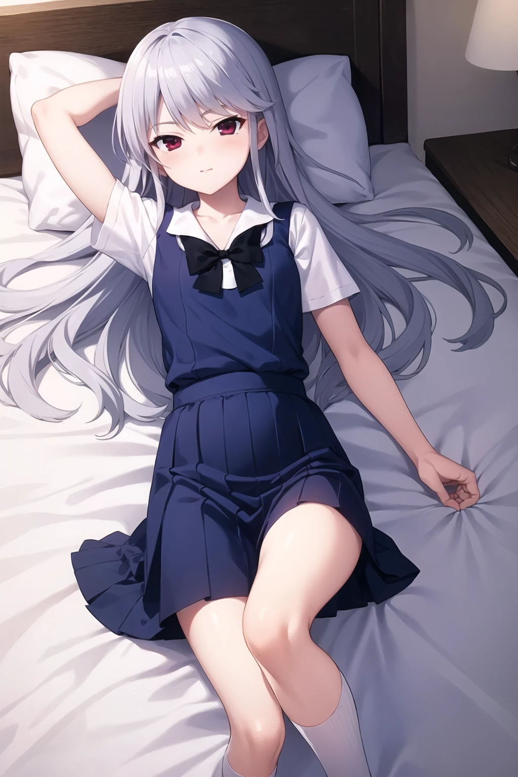 masterpiece, best quality, ultra-high-detailed, kazami kazuki, silver hair, long hair, purple eyes, school uniform, black bow, white kneehighs, lying on back, bed