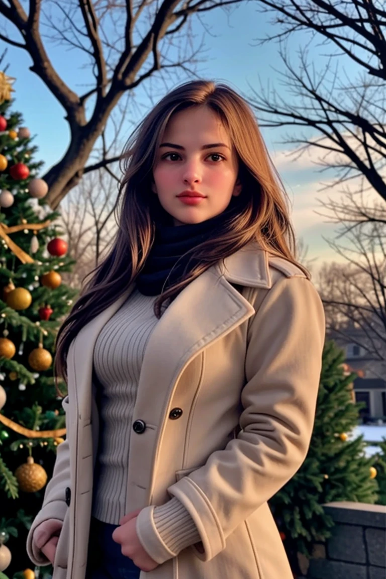 tv_Victoria_Pfeifer_IM_V1,wearing coat and scarf, sad expression, from below , in front of a christmas tree