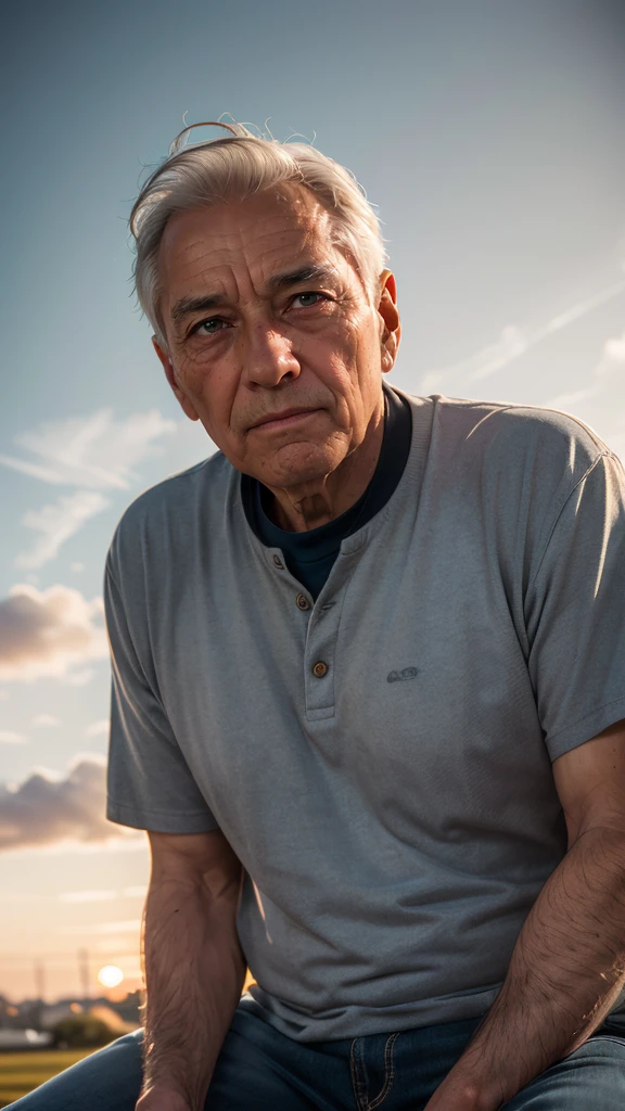 (masterpiece, best quality, highres:1.2), (photorealistic:1.2), (Realistic skin texture:1.4), (film grain:1.3), (detailed light:1.2), (dynamic angle), raw photo, (80yo Old Man), friendly face, sitting in a chair, public park, sunset lighting, serene atmosphere, (sharp), exposure blend, bokeh, (hdr:1.4), high contrast, (muted colors, dim colors, soothing tones:1.3), low saturation, morbid
