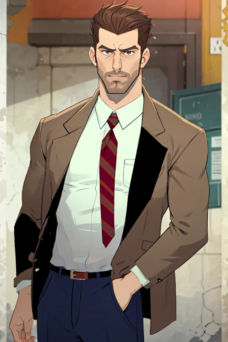 generates a grown man, wearing suit, with Scottish features, redhead and smoking a cigarette, He's strong