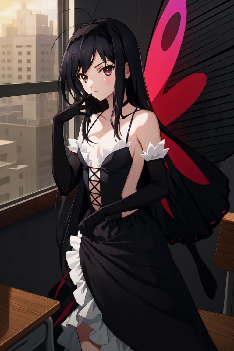 masterpiece, best quality, absurdres, Kuroyukihime-Accel <lora:Kuroyukihime:0.8>, antenna hair, (hairband, butterfly wings:1.2), elbow gloves, gloves, black gloves, bare shoulders, dress, nice hands, perfect hands, beaufitul hand, beautiful finger, BREAK School, classroom, school chair, school desk, tele shot, (perfect anatomy), cowboy shot, [Cinematic lighting|Volumetric Lighting], looking at viewer