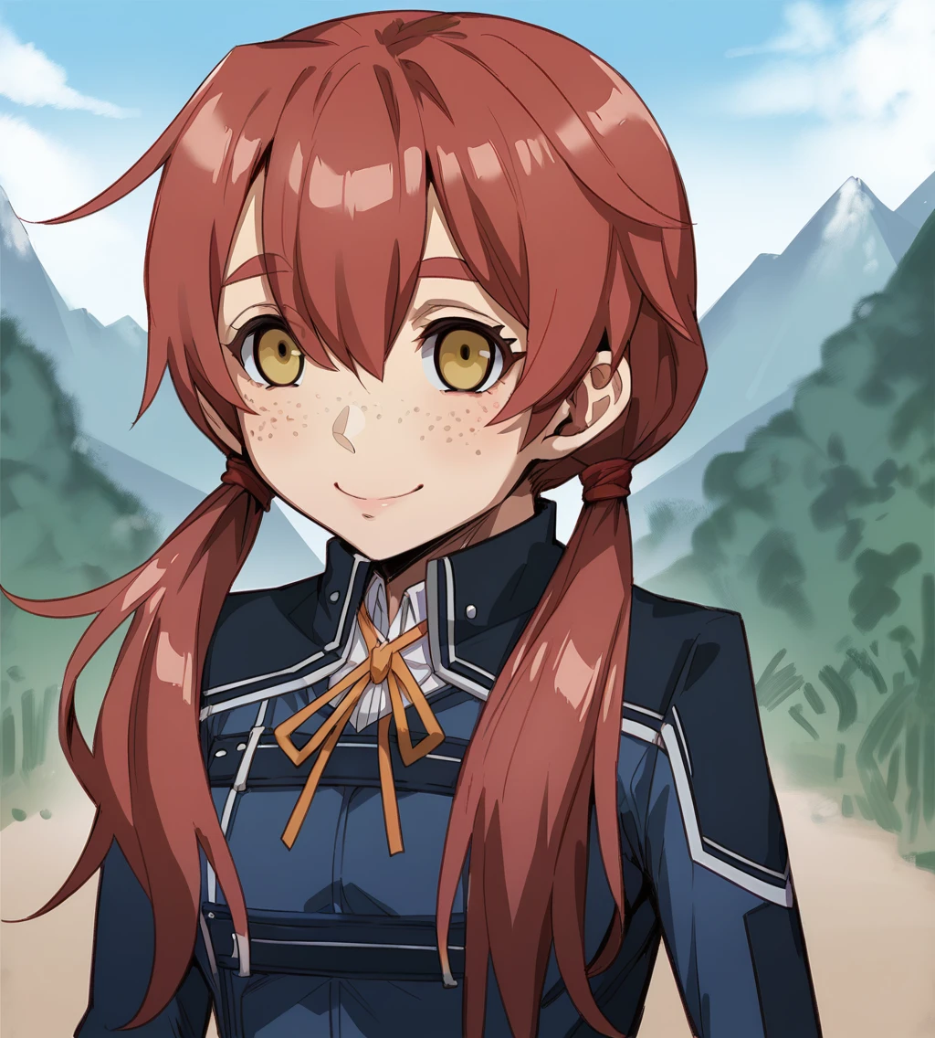 score_9, score_8_up, score_7_up, score_6_up, score_5_up, score_4_up, source_anime, rating_safe
BREAK,
<lora:TrailsOfColdSteel-ThorsNPCs-3-000015:0.8>, Sandy, freckles, low twintails, red hair,  hair over shoulders, yellow eyes, petite, small breasts, blue school uniform, boots,
BREAK,
looking at viewer, smile,
upper body, portrait, front view,
BREAK,
1girl, outdoors, sky, clouds, distant mountains,
BREAK,
<lora:Kunaboto:1>,